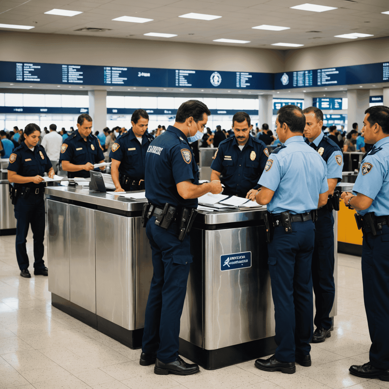 Imagen de un mostrador de inmigración en un aeropuerto mexicano con oficiales revisando documentos de viajeros internacionales