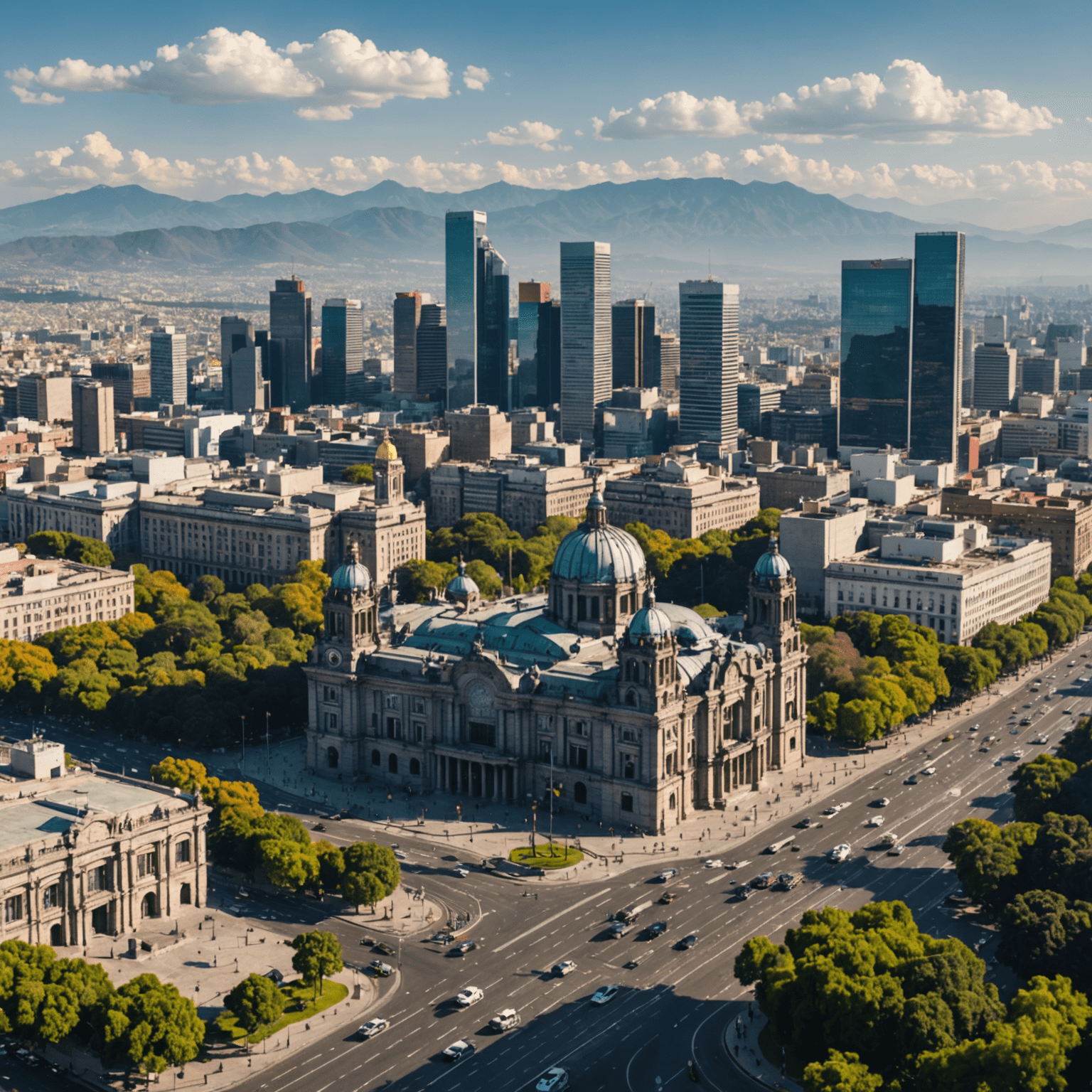 Vista panorámica de la Ciudad de México mostrando una mezcla de arquitectura moderna y colonial, con el Paseo de la Reforma en primer plano y las montañas en el fondo