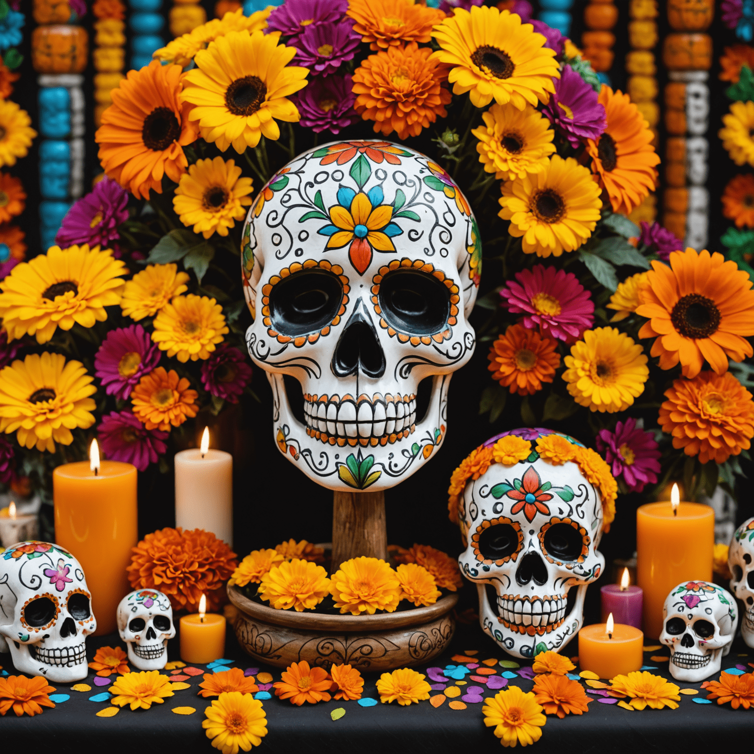 Imagen de una celebración colorida del Día de Muertos en México, con altares decorados, calaveras de azúcar y flores de cempasúchil