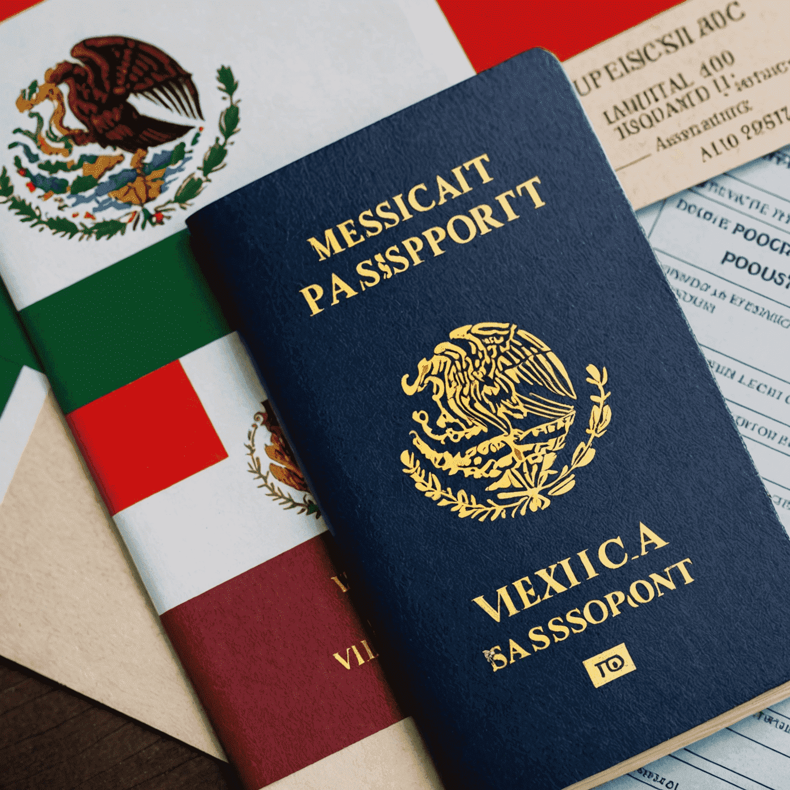 Imagen de un pasaporte mexicano junto a documentos de visa y una bandera de México, representando el proceso de asistencia para visas