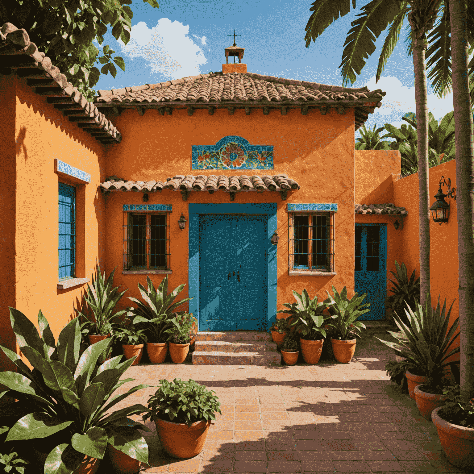 Imagen de una casa típica mexicana con paredes coloridas, techo de tejas y un jardín exuberante con plantas tropicales