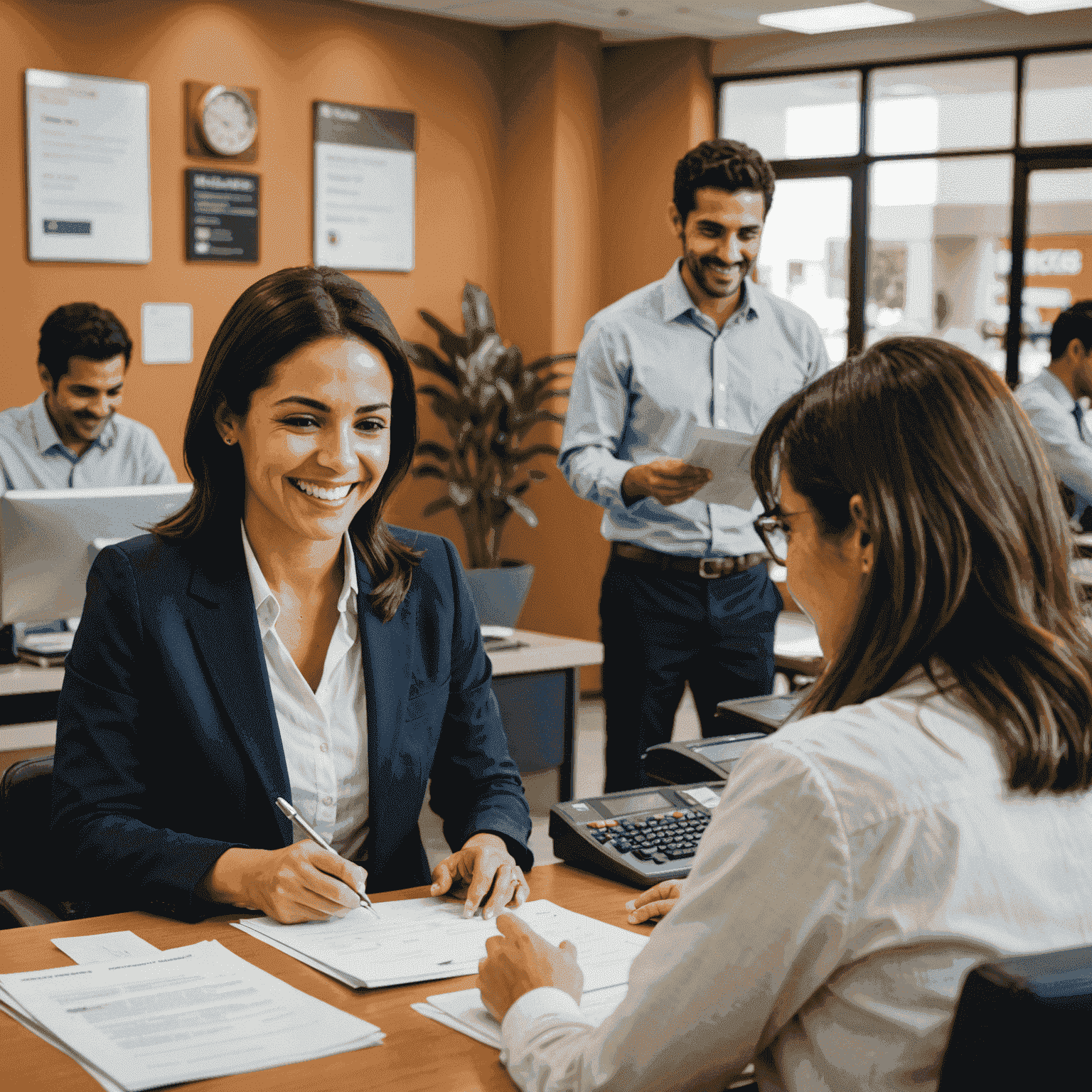 Persona abriendo una cuenta bancaria en un banco mexicano, con un empleado sonriente ayudándole con los documentos