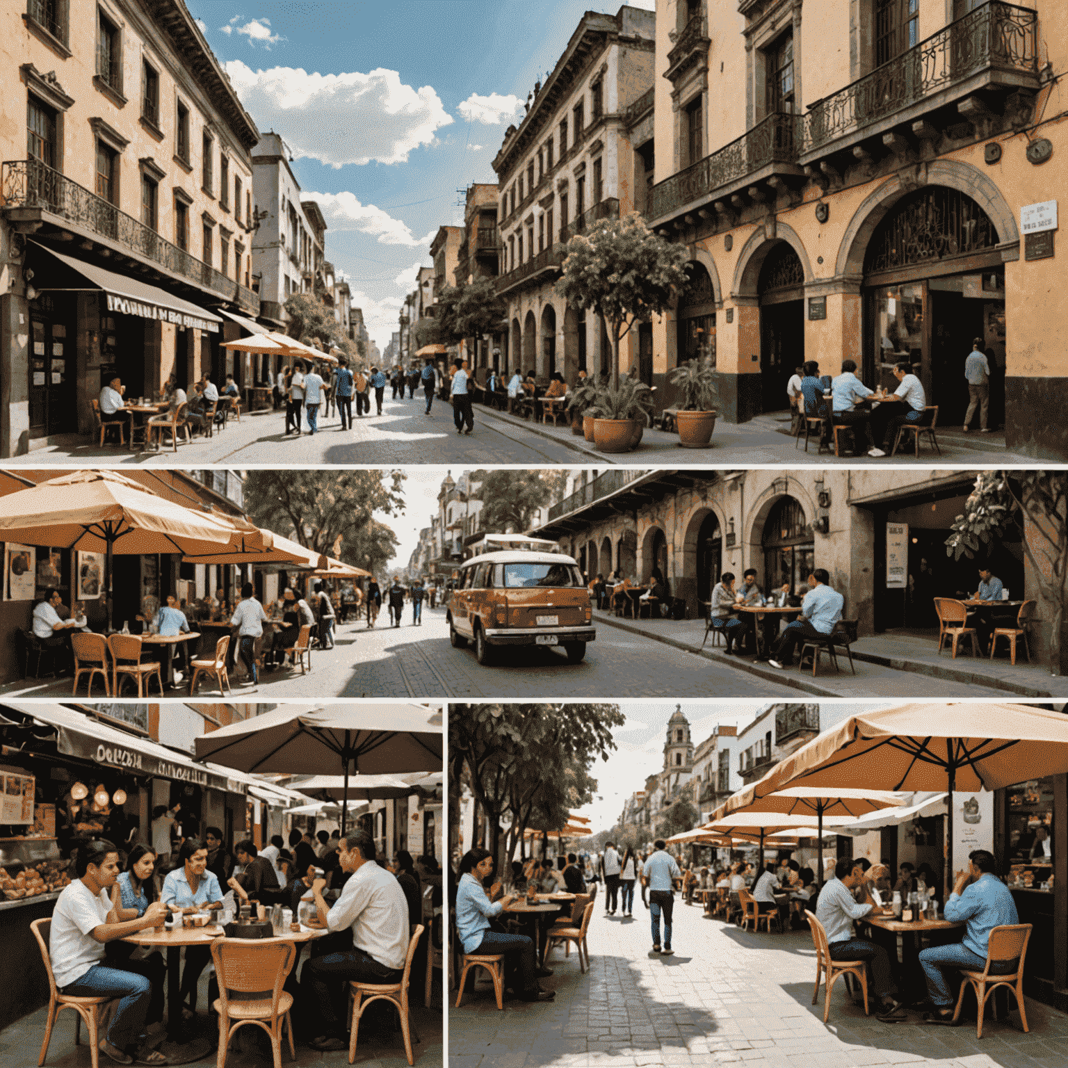 Collage de imágenes mostrando escenas de la vida cotidiana en diferentes barrios de la Ciudad de México, incluyendo cafés al aire libre, parques, mercados tradicionales y arquitectura moderna