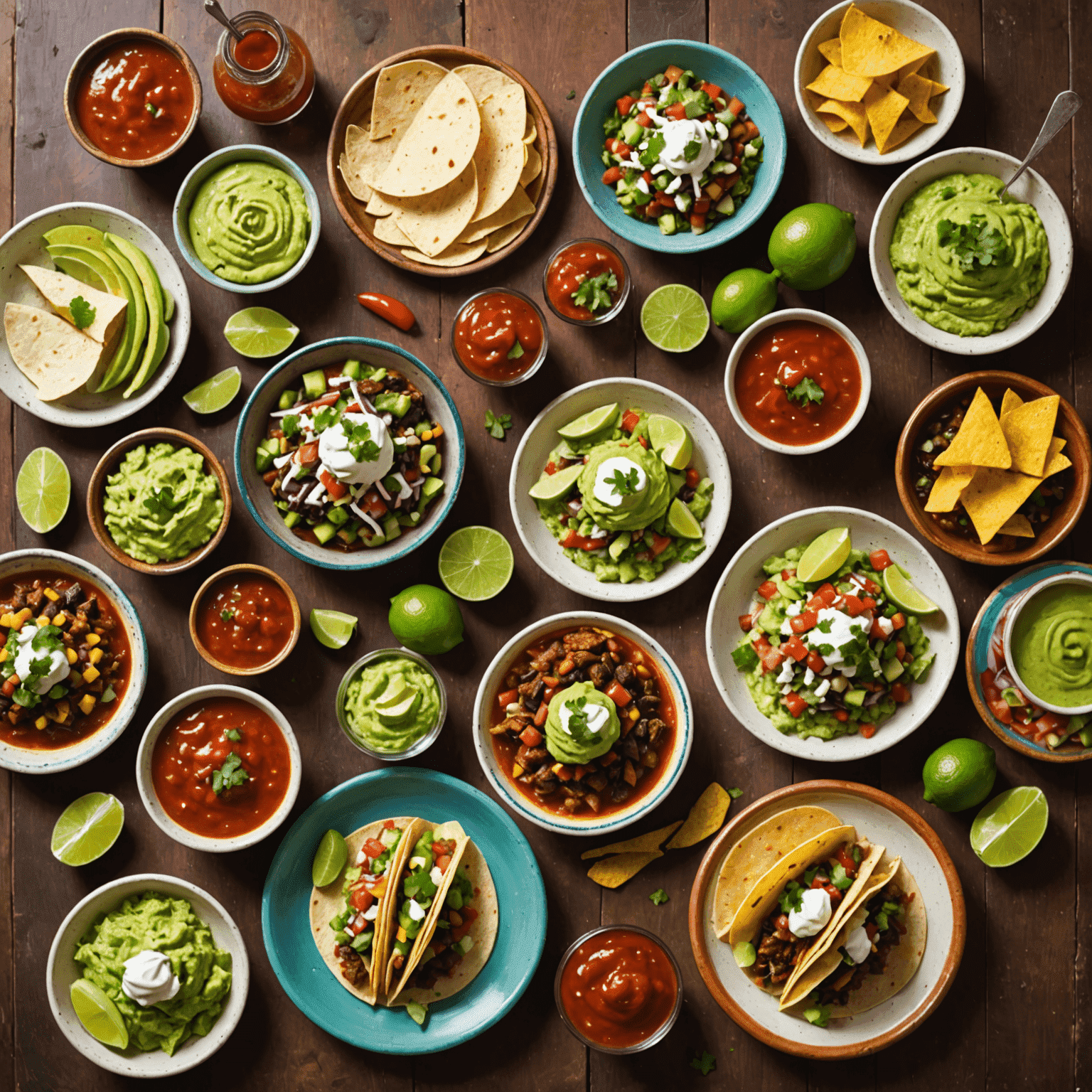 Mesa llena de coloridos platos mexicanos tradicionales, incluyendo tacos, guacamole, salsa y margaritas