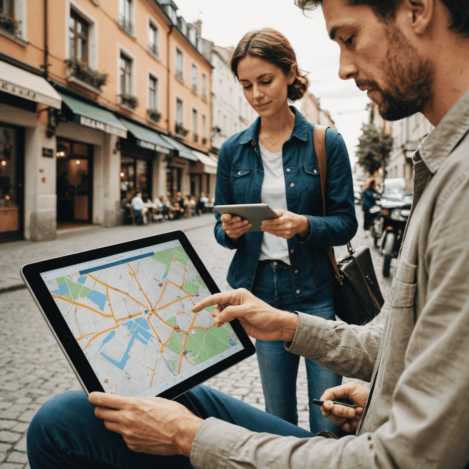 Imagen de una persona revisando anuncios de alquiler y mapas de una ciudad extranjera en una tableta