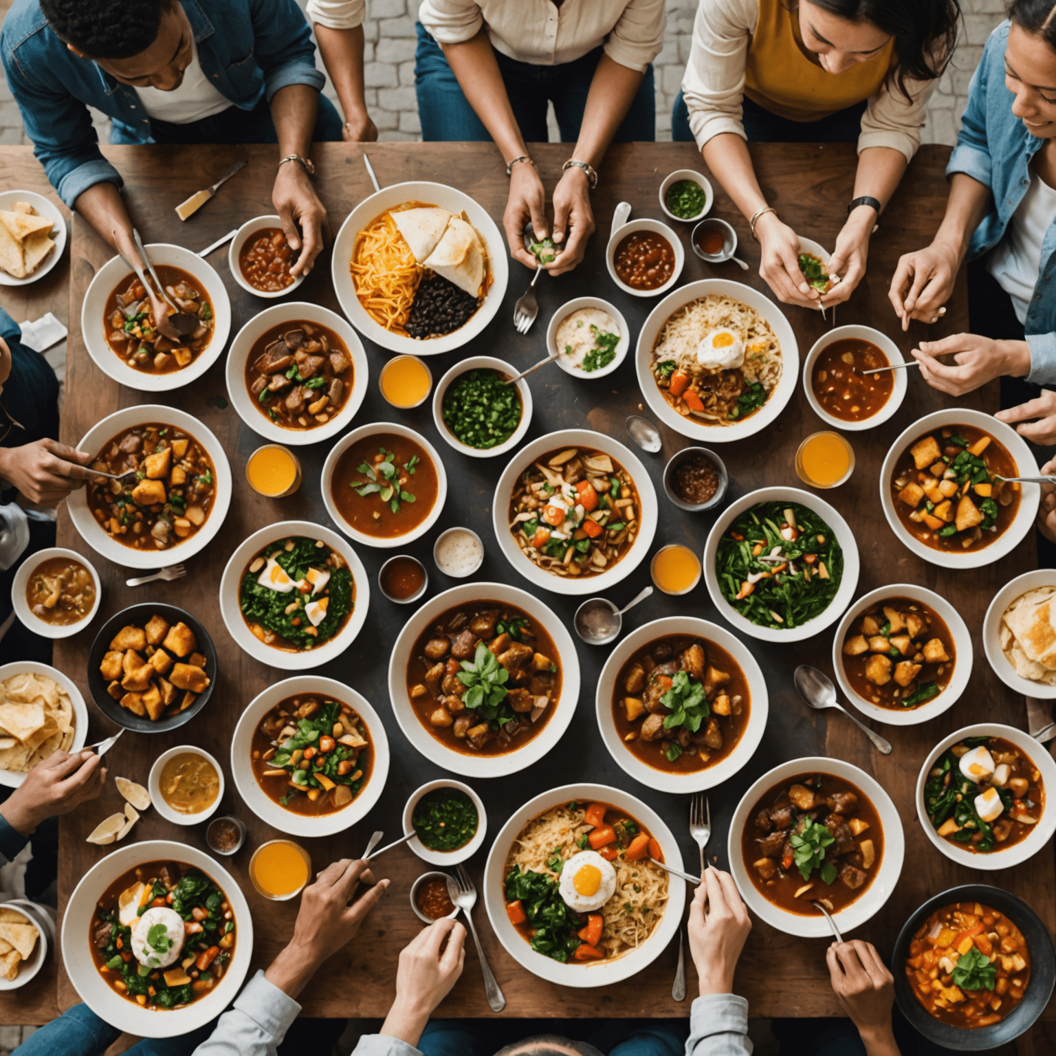 Imagen de un grupo diverso de personas compartiendo una comida internacional, simbolizando la adaptación cultural