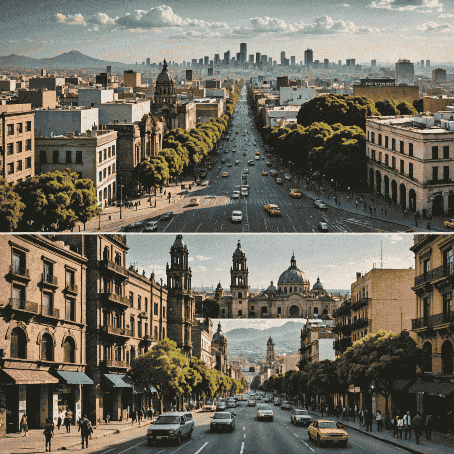 Collage de imágenes mostrando diferentes barrios de la Ciudad de México, con calles, parques y edificios emblemáticos