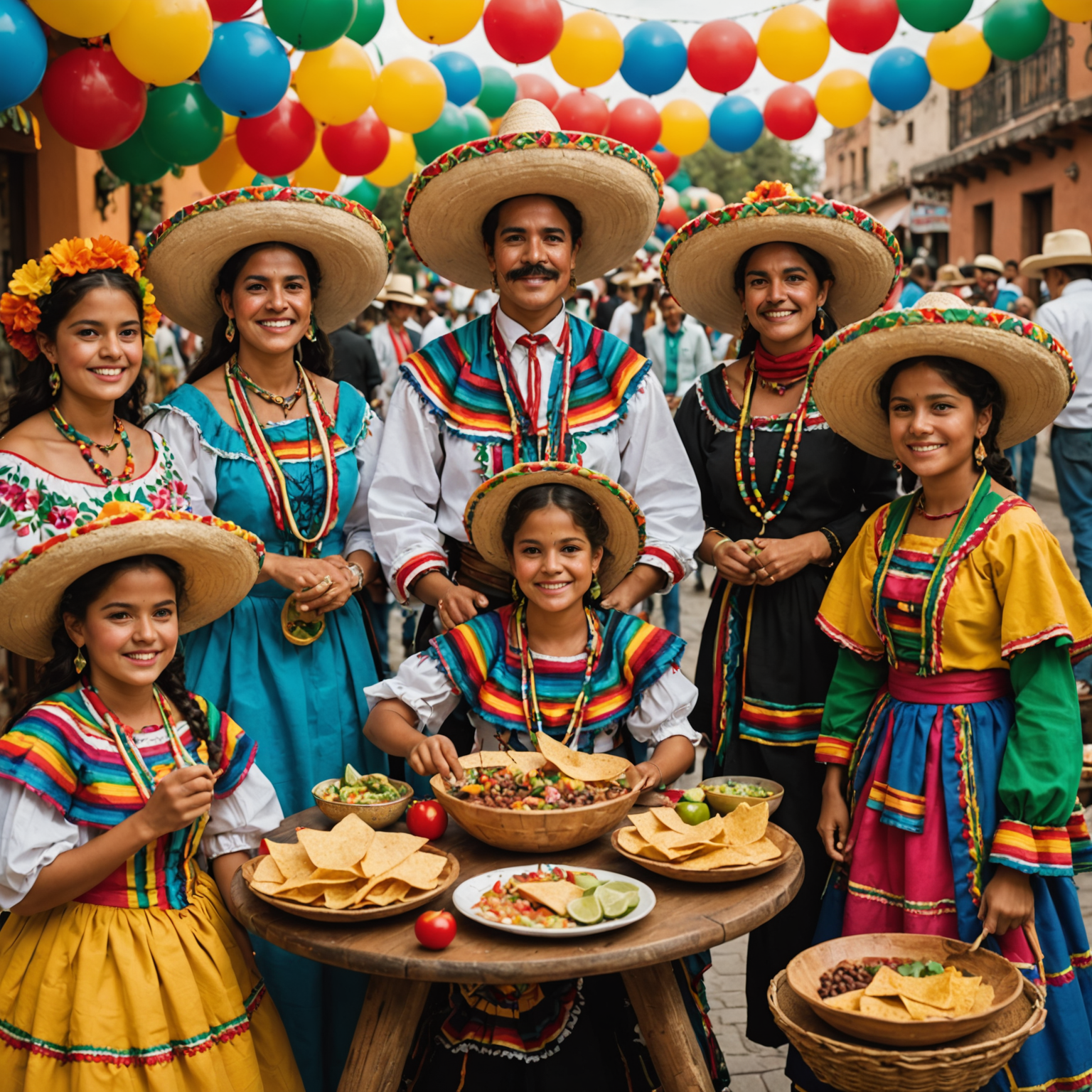 Imagen que muestra una celebración tradicional mexicana con personas en trajes típicos, comida y decoraciones coloridas